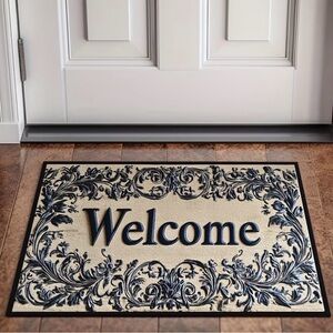 Elegant Welcome Mat with Blue Floral Design